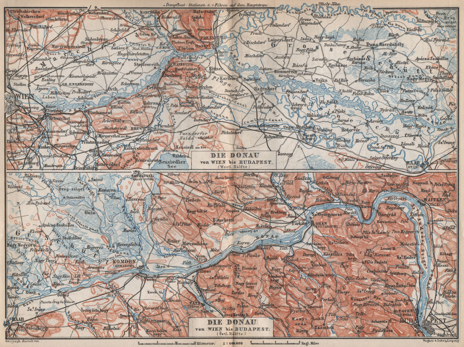 DANUBE DONAU RIVER. Vienna/Wien-Bratislava-Estergom-Vac-Budapest karte 1896 map